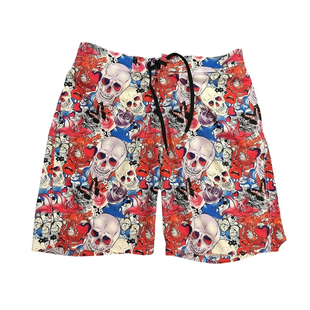 HRESKI Swim Trunks Mens XS Multicolor Skull Tattoo Floral Lined‎ Elastic Waist